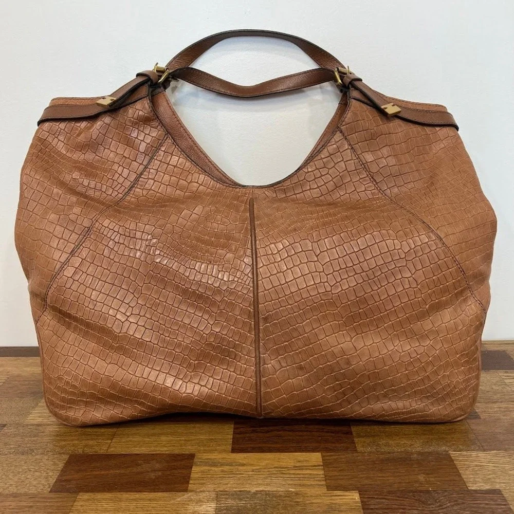 Tahari Crocodile Embossed Leather Hobo Bag Large Cognac Tote Gold Hardware Boho